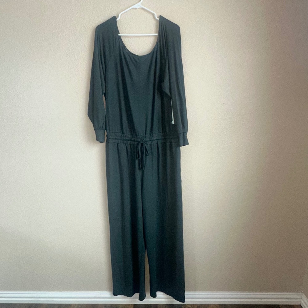 Mono B Women's Jumpsuit Green Long Sleeve Wide Leg Drawstring Pockets SZ 2XL NWT